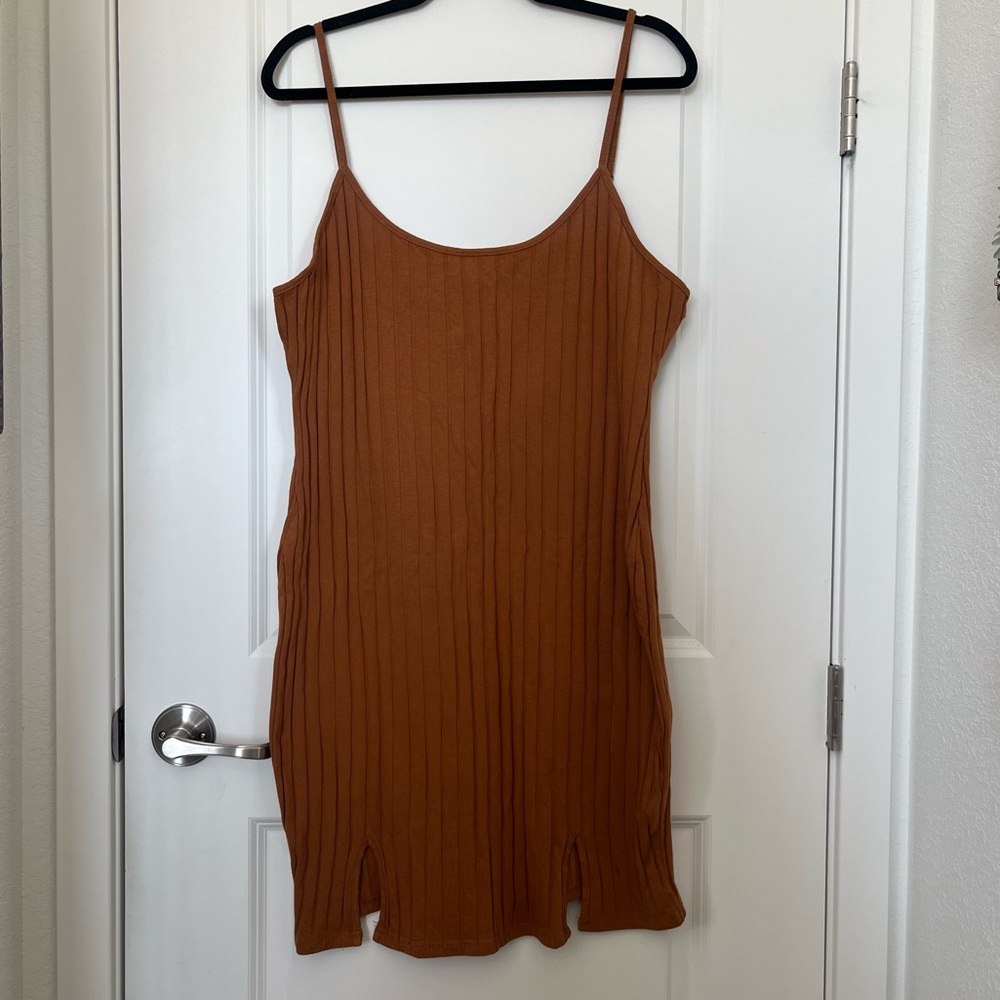 SHEIN Curve Ribbed Slip Dress in Rust Brown